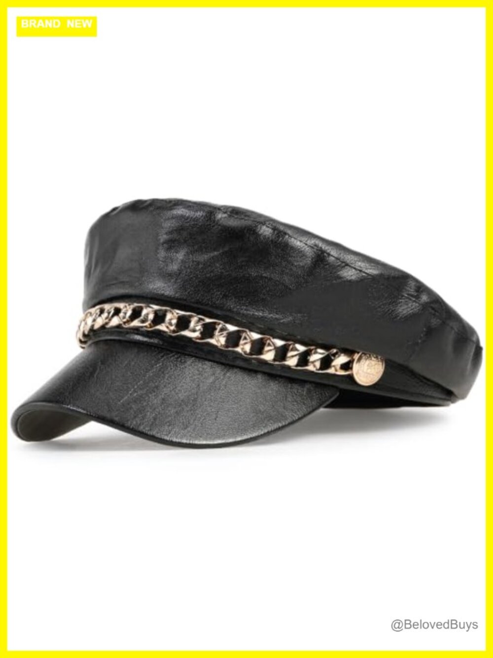 Women's Newsboy Cap PU Leather Flat Cap Classic Beret with Gold Chain